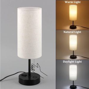 Beige Linen Cylinder Table Nightstand Bedside Lamp with Lightbulb and Pull Chain